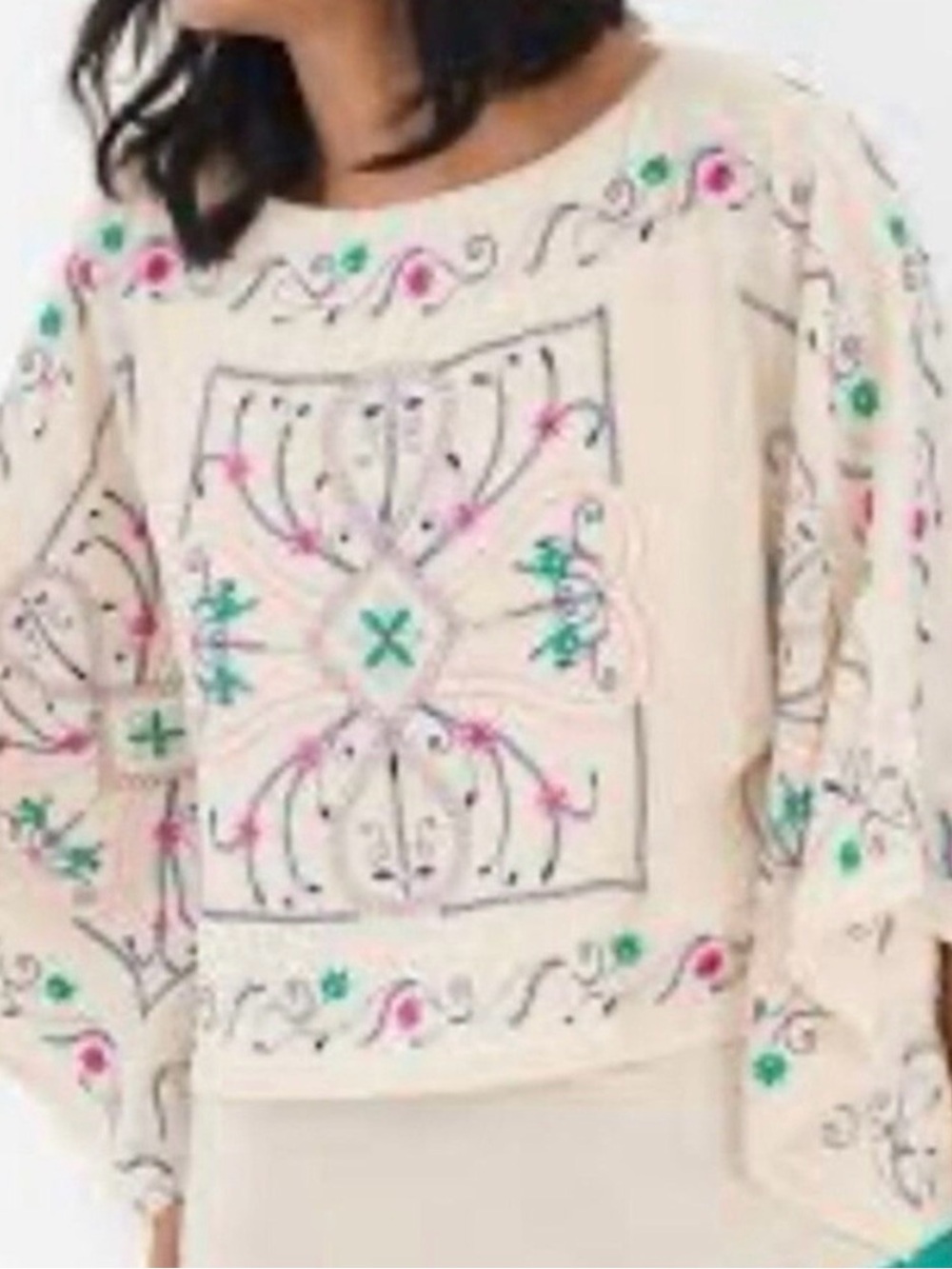 Chico's Cream Embroidered Twofer Floral Square-Print Top 3/4 SLV NWT size 3 XL